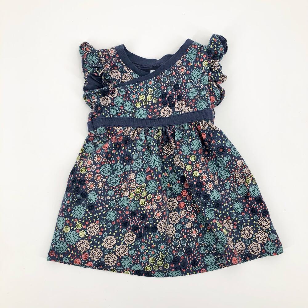 Tea Collection Baby Girl Blue Floral Dress Flutter Sleeve Size 3-6 Months